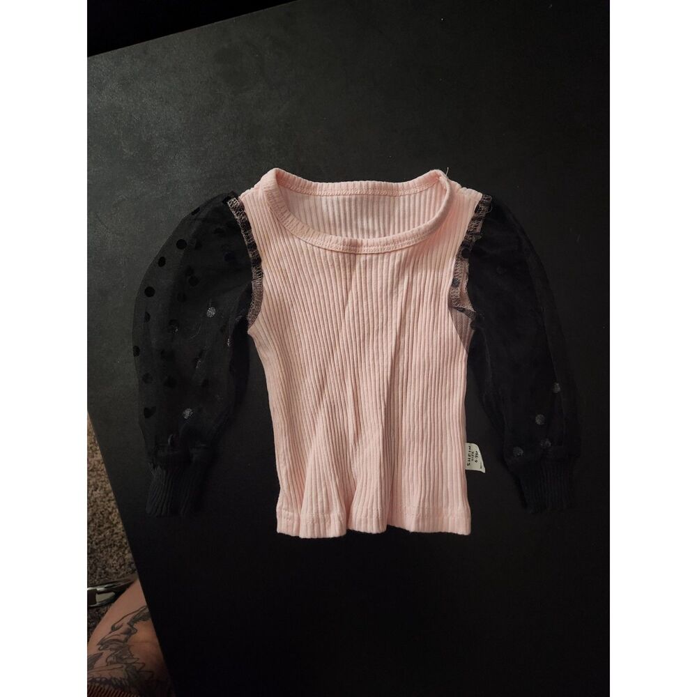 SHEIN Baby Girl 6-9M Pink Ribbed Top Black Sheer Polka Dot Puff Sleeves